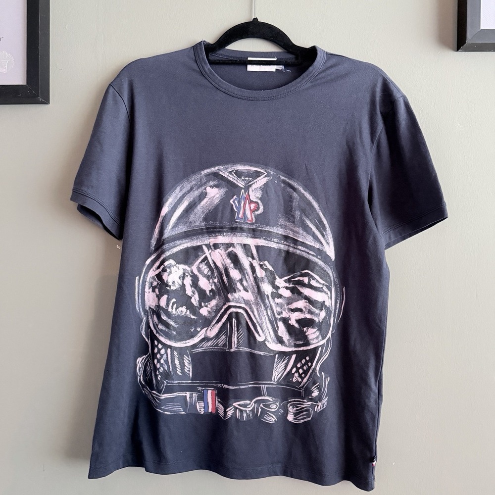 Moncler Maglia Graphic Helmet Logo T-Shirt Black Men's Size L Cotton